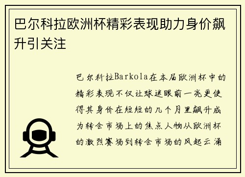 巴尔科拉欧洲杯精彩表现助力身价飙升引关注