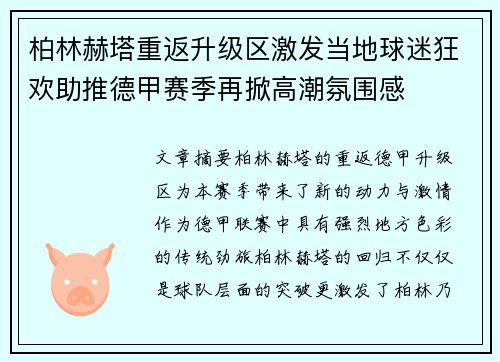 柏林赫塔重返升级区激发当地球迷狂欢助推德甲赛季再掀高潮氛围感 柏林赫塔重返升级区激发当地球迷狂欢助推德甲赛季再掀高潮氛围感